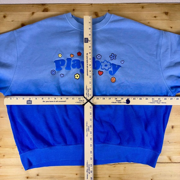 Playboy‎ by PacSun Blue Ombre Crewneck Sweatshirt M Flower Smiley Graphic Logo - Picture 5 of 8